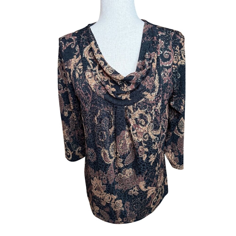 Vtg Burnout S Black Gold Paisley Cowl Neck 3/4 Sleeves Tunic Top whimsigoth y2k